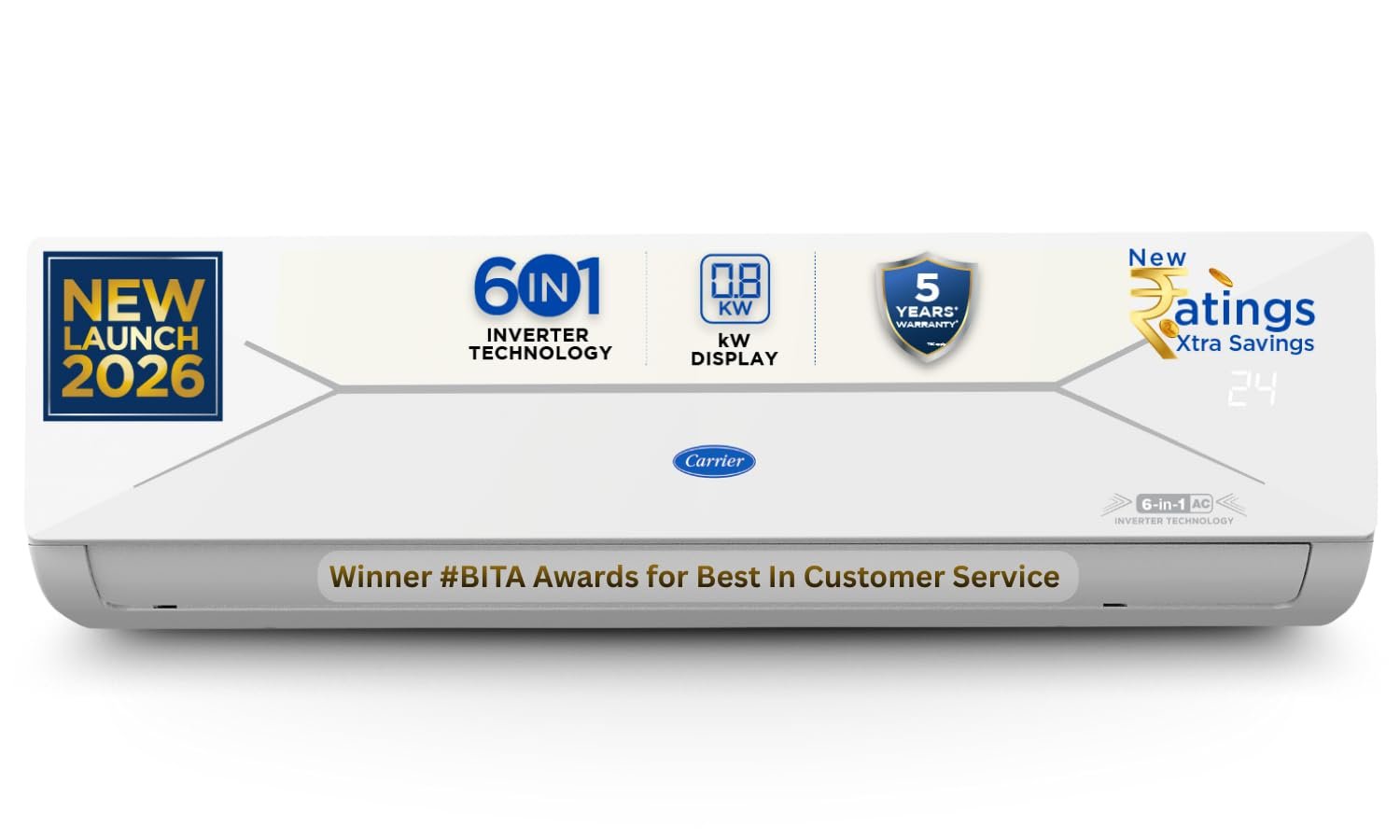 Carrier 1.5 Ton 3 Star, New Star rated, Flexicool Inverter Split AC (Copper, Convertible 6-in-1 with Smart Energy Display, Insta Cool, Auto Clean, PM 2.5 Filter, ESTER EDGE Gxi-CAI18EE3R36F0, White)