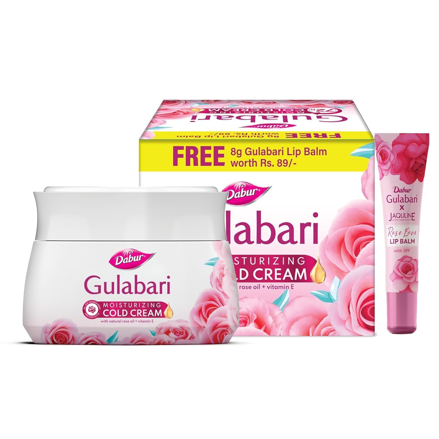 Dabur Gulabari Moisturizing Cold Cream 100gm + Lip Balm 8gm (Free) | With Goodness of Natural Rose Oil & Vitamin E | Intense Hydration and Deep Moisturization | For Smooth & Soft skin | All Skin types