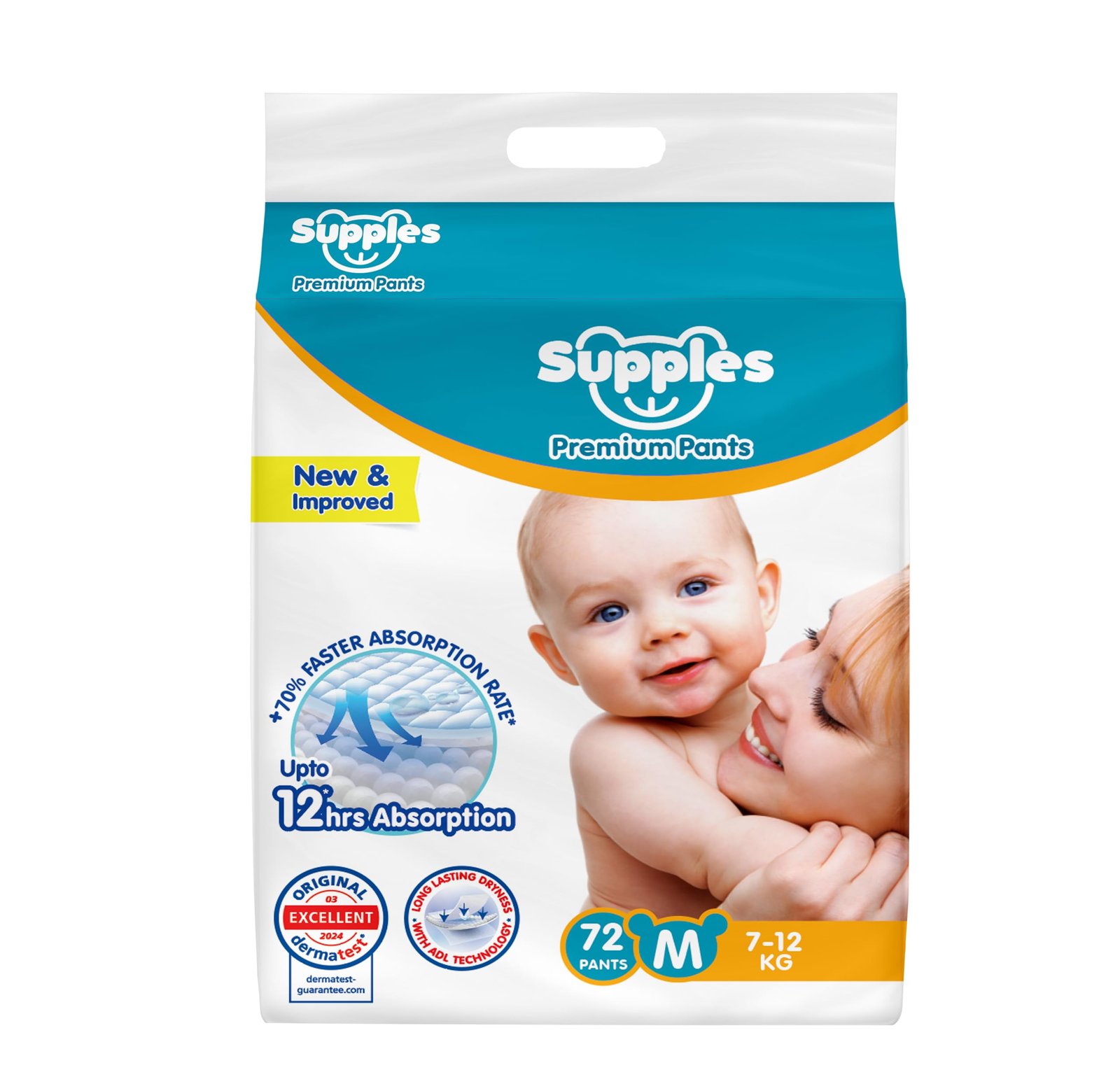 Amazon Brand – Supples Premium Baby Diaper Pants | 72 Baby Diapers | Medium | 7-12 Kg | 12 Hrs Absorption | Cushiony Cotton Soft Fabric | Phthalates-Free | Triple Leak Guard