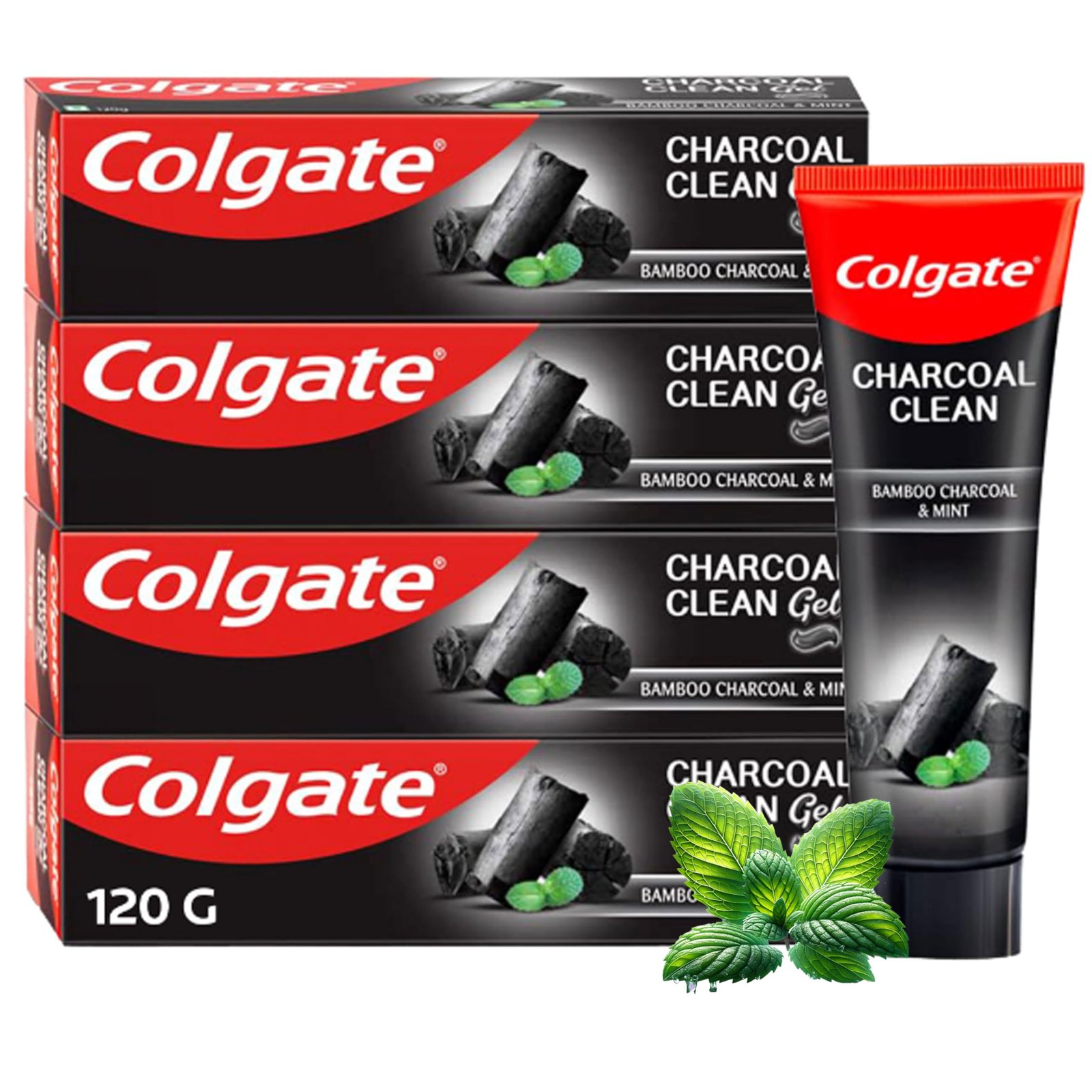 Colgate Charcoal Clean Black Gel whitening Toothpaste, 480 gm (120g x 4), Bamboo Charcoal and Wintergreen Mint for a Clean Mouth Experience