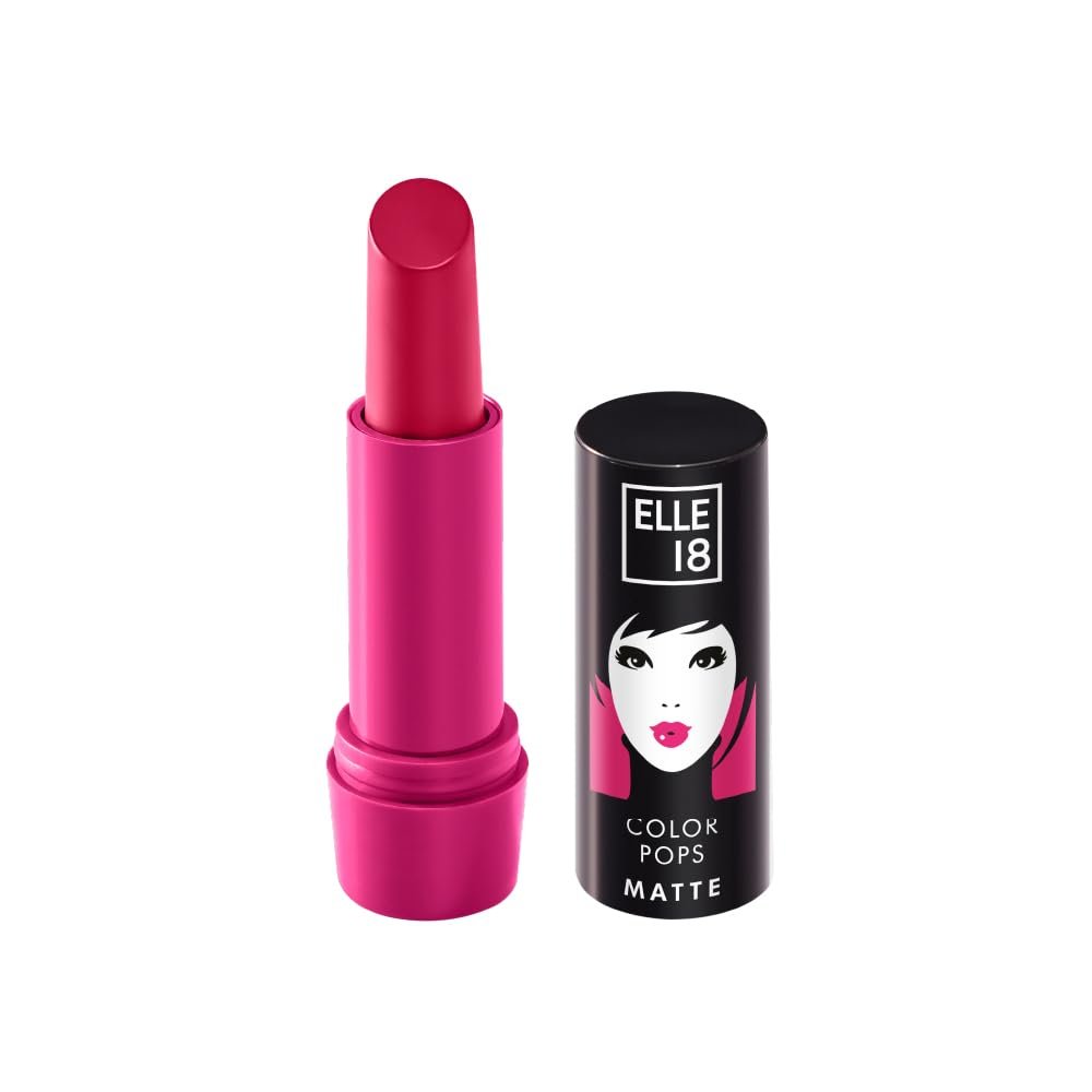 Elle 18 Color Pops Matte Lipstick, Deep Pink, Moisturising Bullet Matte, with Vitamin E, Highly Pigmented, Infused with Jojoba Oil and Shea Butter | 4.3 g