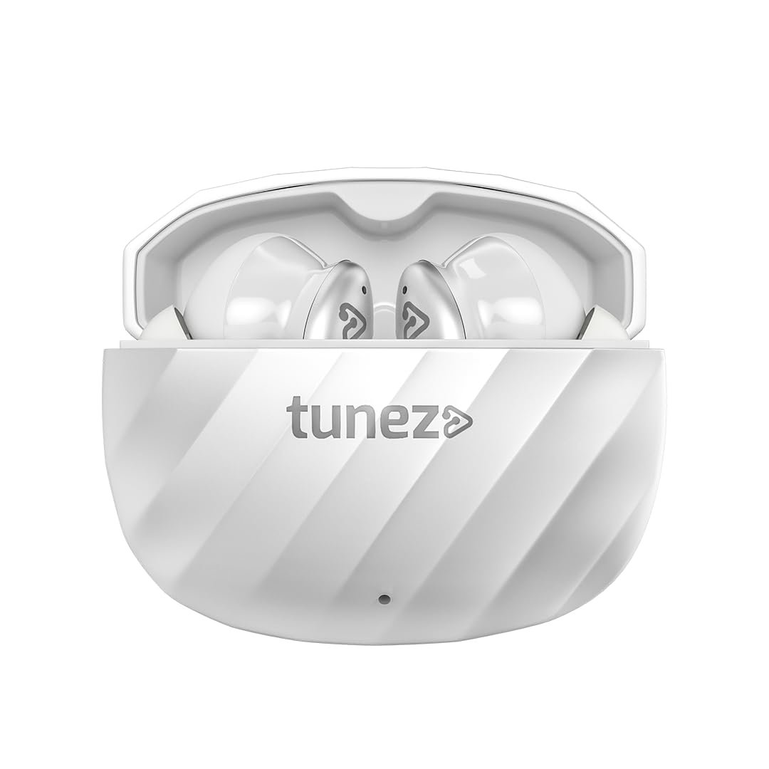 tunez Elements E02 True Wireless Earbuds with Bluetooth V5.3+EDR, 16M Working Distance, 42 Hours Music Time, 50 Hours Talk Time, 1.5Hour 3C Quick Charging,Quad Mic ENC(White)