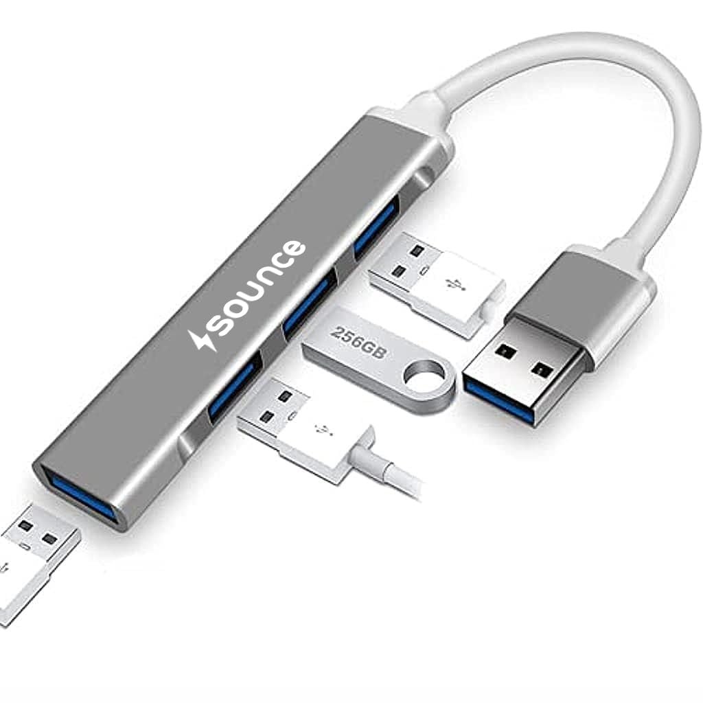 Sounce 4-Port USB 3.0 Hub for PC – High-Speed Aluminum USB Hub Compatible with PC, MacBook, Mac Pro, Mac mini, iMac, Surface Pro, and XPS. 4-Port High Speed USB Hub with Aluminium Shell