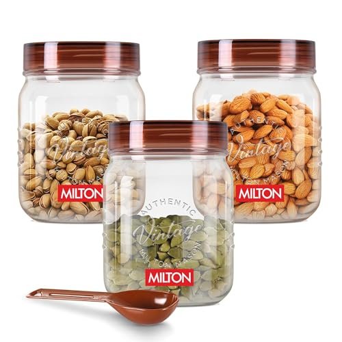 MILTON Vintage Airtight Containers with Spoons for Kitchen Storage, Food Grade Plastic, Stackable & Transparent Organizer Jars, Masala Dabba, Set of 3 (500 ml each) for Tea, Coffee, Sugar, Dry Fruits