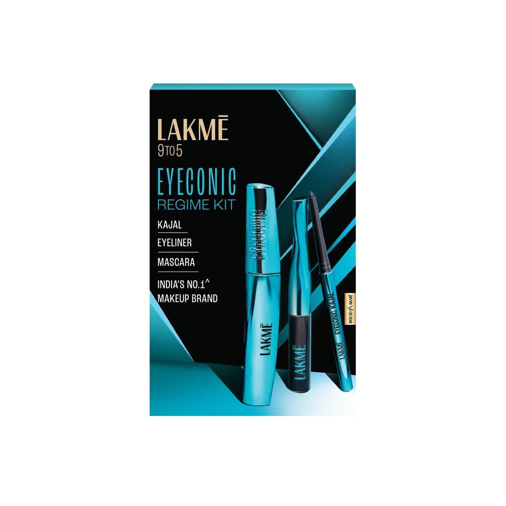 LAKME Eyeconic Regime Kit, Kajal 0.35g, Eyeliner 4.5 ml, Mascara 9 ml, Pack of 3, with Intense Black Pigment, Smudgeproof and Waterproof, Lasts Upto 24 Hrs