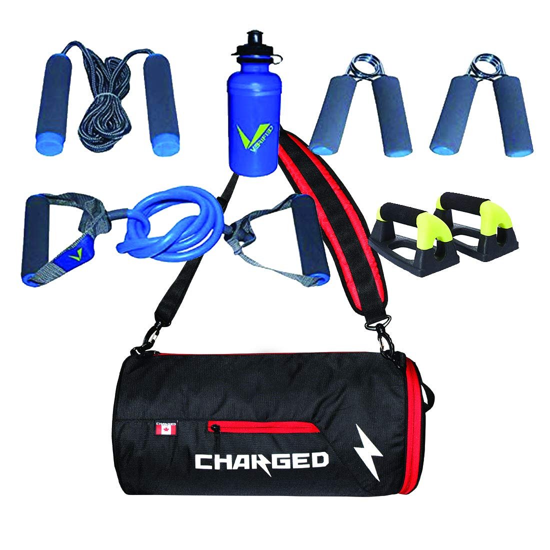VERIFIED GYM SET INCLUDING VF-1027 TRAINING SET WITH CHARGED GYM BAG BUENO BLACK RED AND PUSHUP BAR GREEN