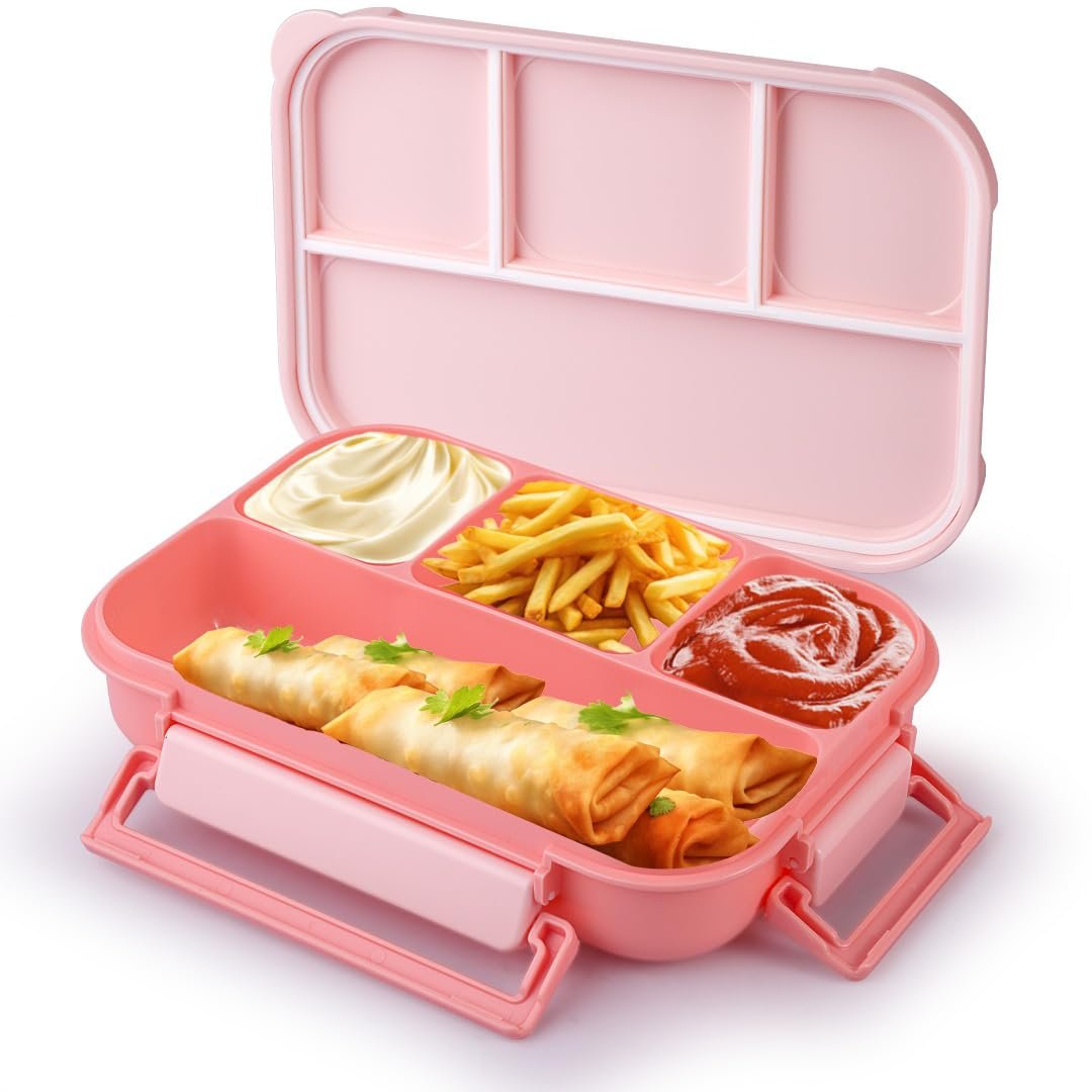 ATTRO Gourmet 4 Compartment Lunch Box Portable Meal Organizer for Office, School BPA-Free, Food Grade, Freezersafe, Microwave & Oven Safe 1000ml Peach, Plastic