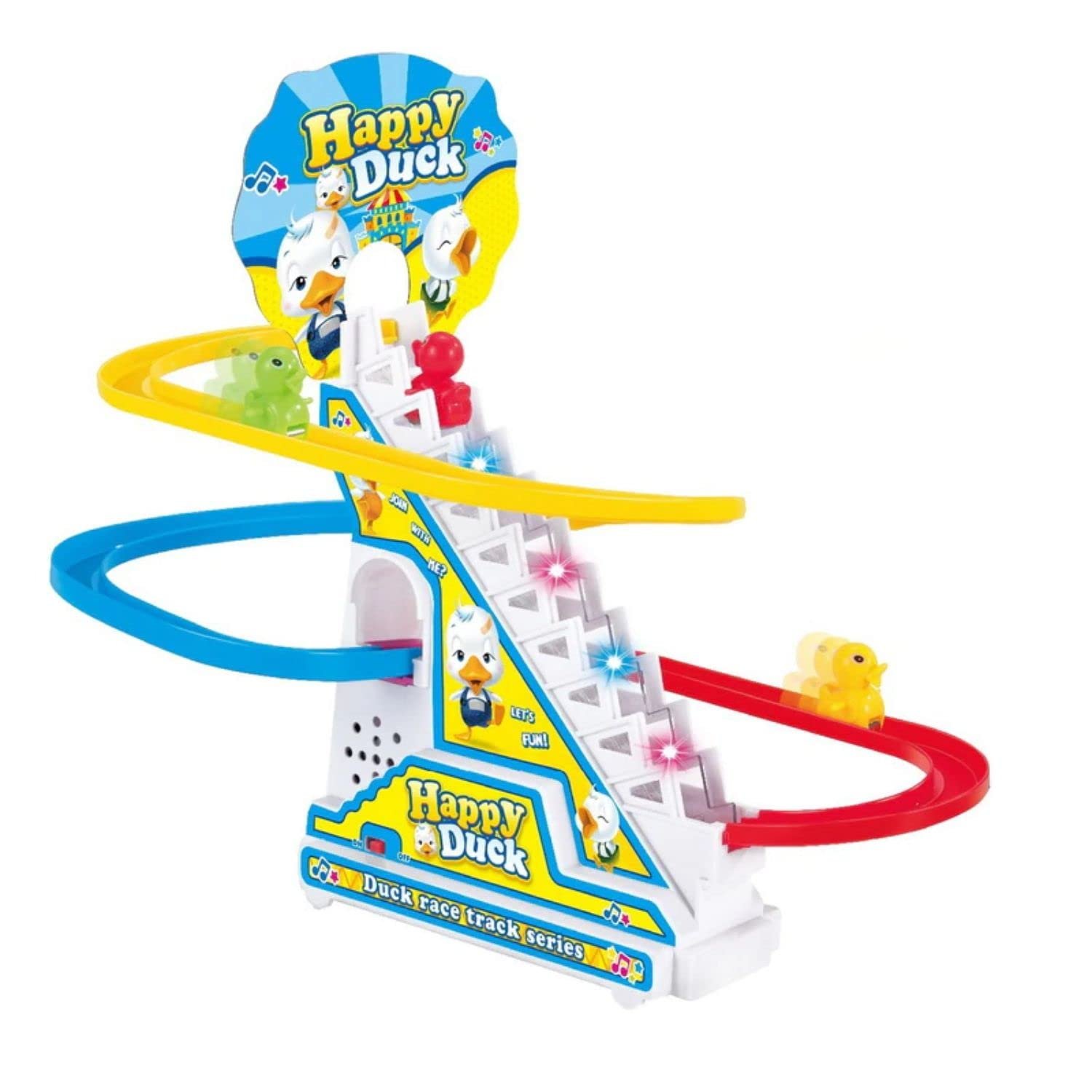 Kids Mandi Duck Roller Coaster Slide Toy Set |3 Cute Ducklings Climbing Stairs automatically with Lights & Music | Electric Duck Chasing Race Track Set | Small ducks climbing stairs toy set