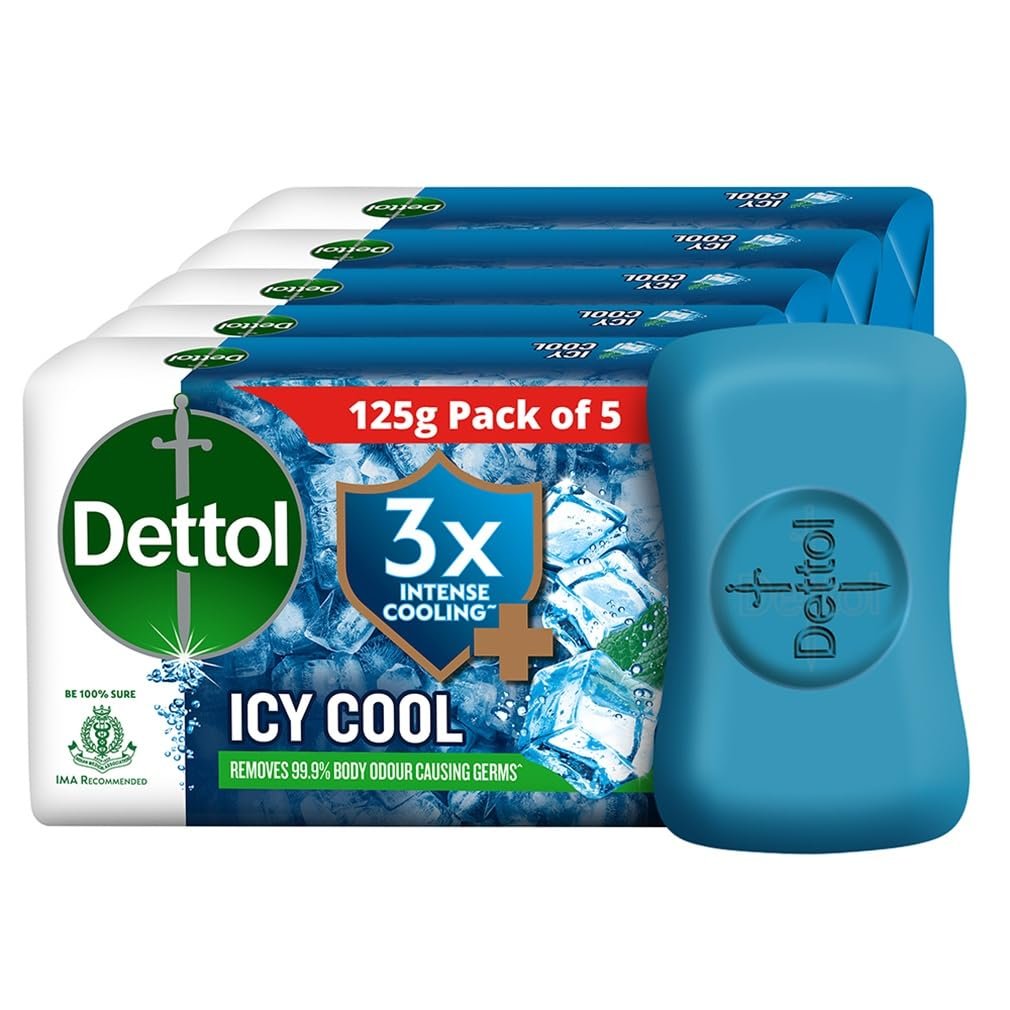 Dettol Icy Cool Bathing Soap Bar With 3x intense cooling (625gm), 125gm – Pack of 5