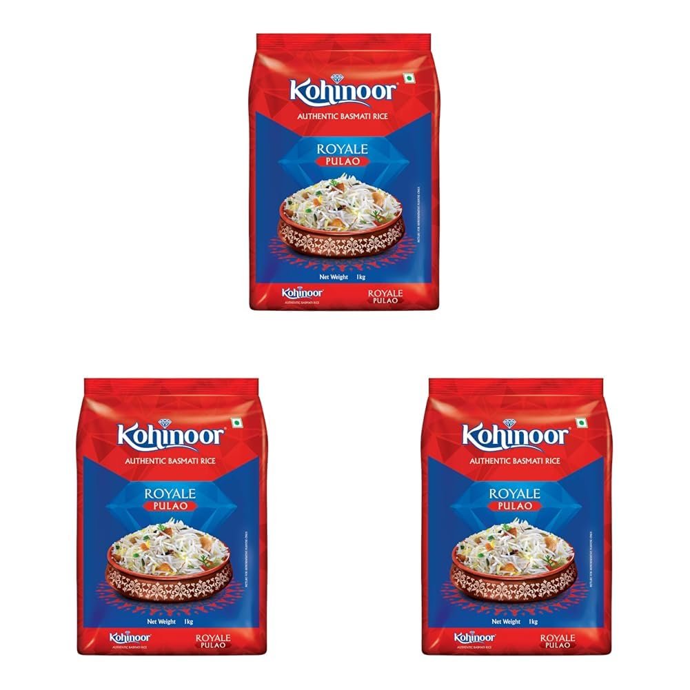 Kohinoor Pulao Basmati Rice, 1 kg | Long-Grain Basmati (Cooked grain up to 18 mm) | Aromatic & Flavorful Rice | Ideal for Pulao (Pack of 3)