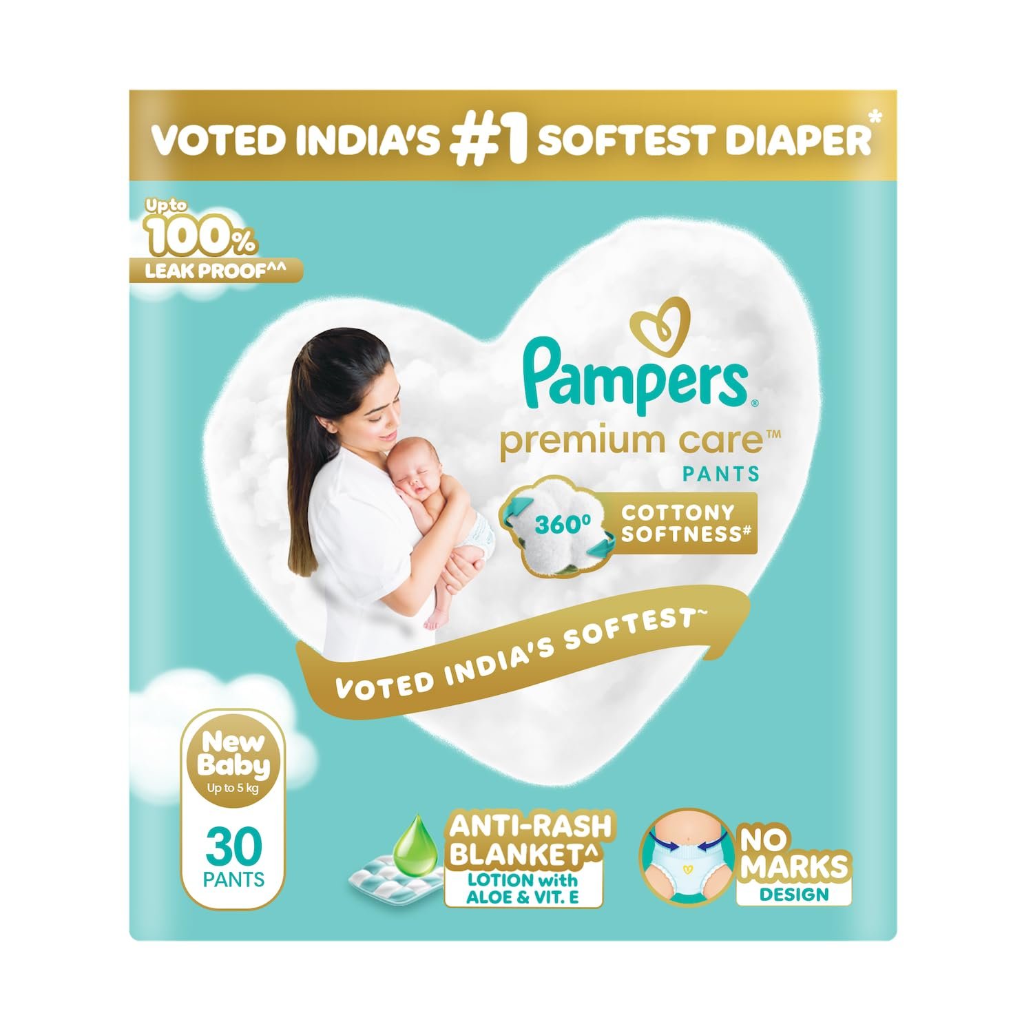 Pampers Premium Care Pant Style Baby Diapers, Newborn (XS), 30 Count, Upto 5 kg, All-in-1 with 360 Cottony Softness Diapers
