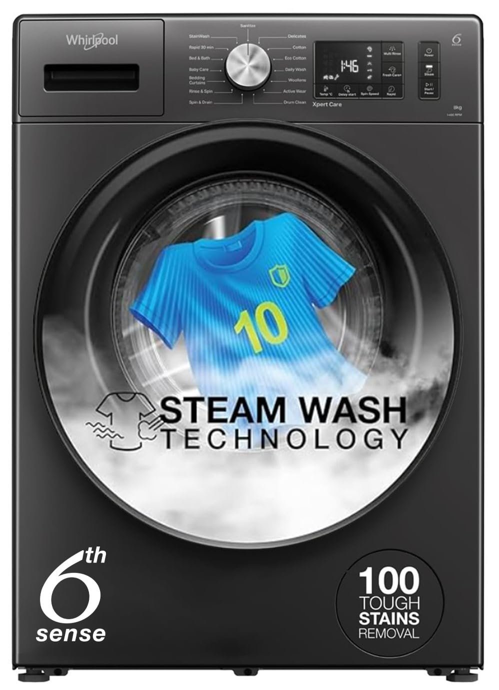 Whirlpool 9 Kg Ozone Technology 5 Star Inverter Front Load Fully Automatic Washing Machine with In-Built Heater (XO9012BYM52E, Midnight Grey, 100+ Tough Stains, 1400 RPM)