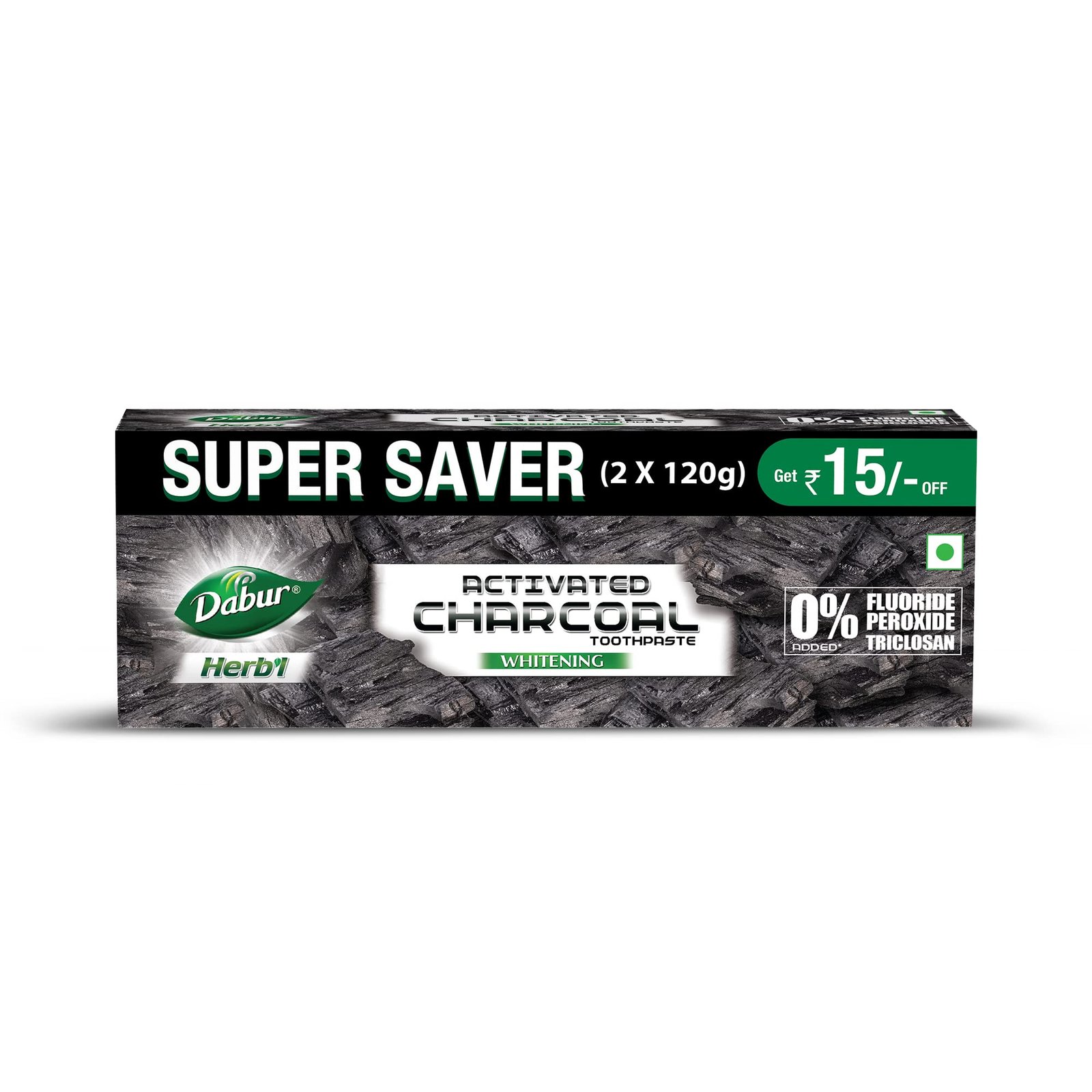 DABUR Herb'L Activated Charcoal Toothpaste 240G (120G x2, Pack of 2) | Whitening Black Gel Toothpaste | Fluoride Free | Fights Plaque & Extrinsic Stains | With Power of Mint | Cool & Refreshing Mouth Experience