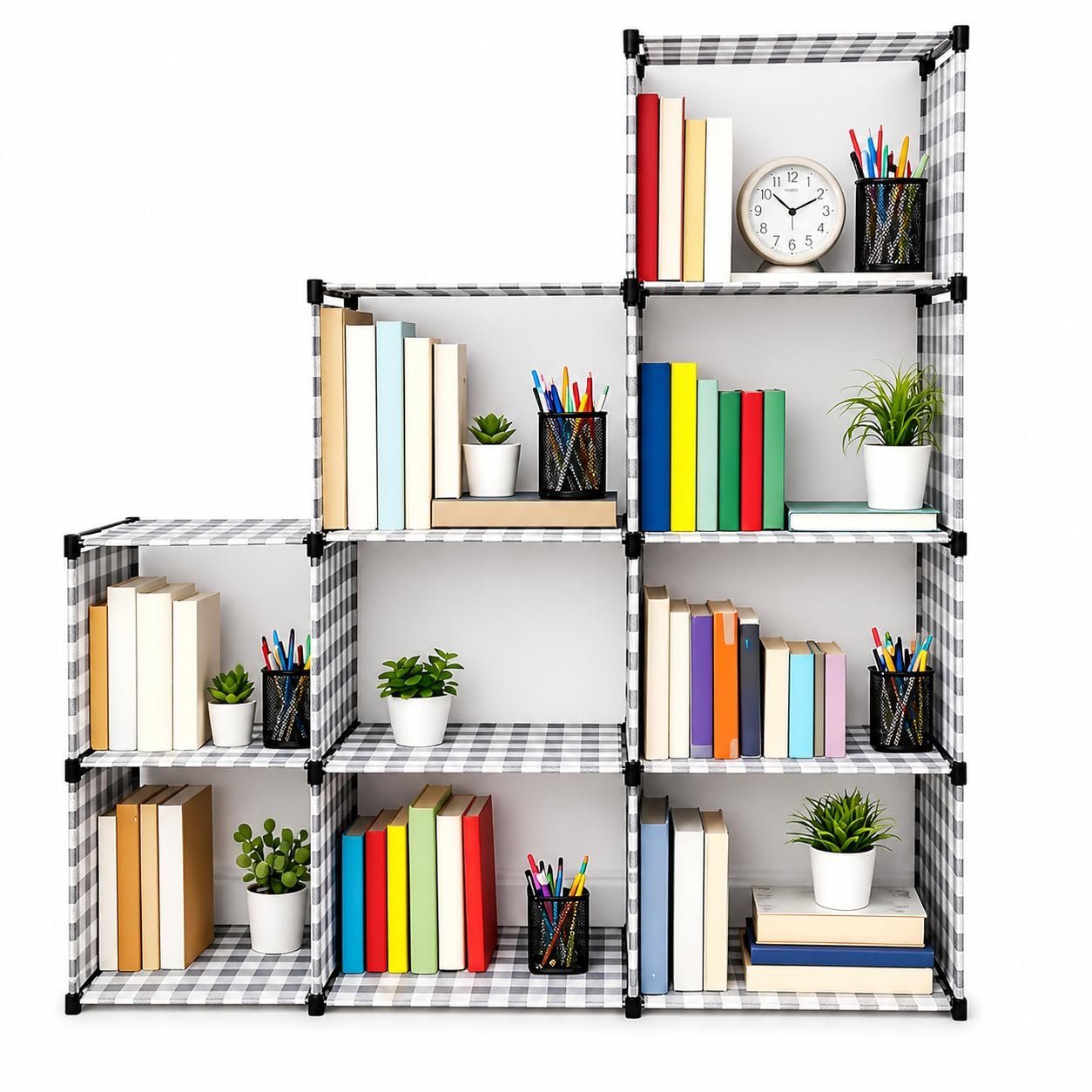 Modular Storage Shelf, 9-Cube Organizer, Stepped Design, Black Frame with Grey Checkered Pattern, 138x130x30 cm