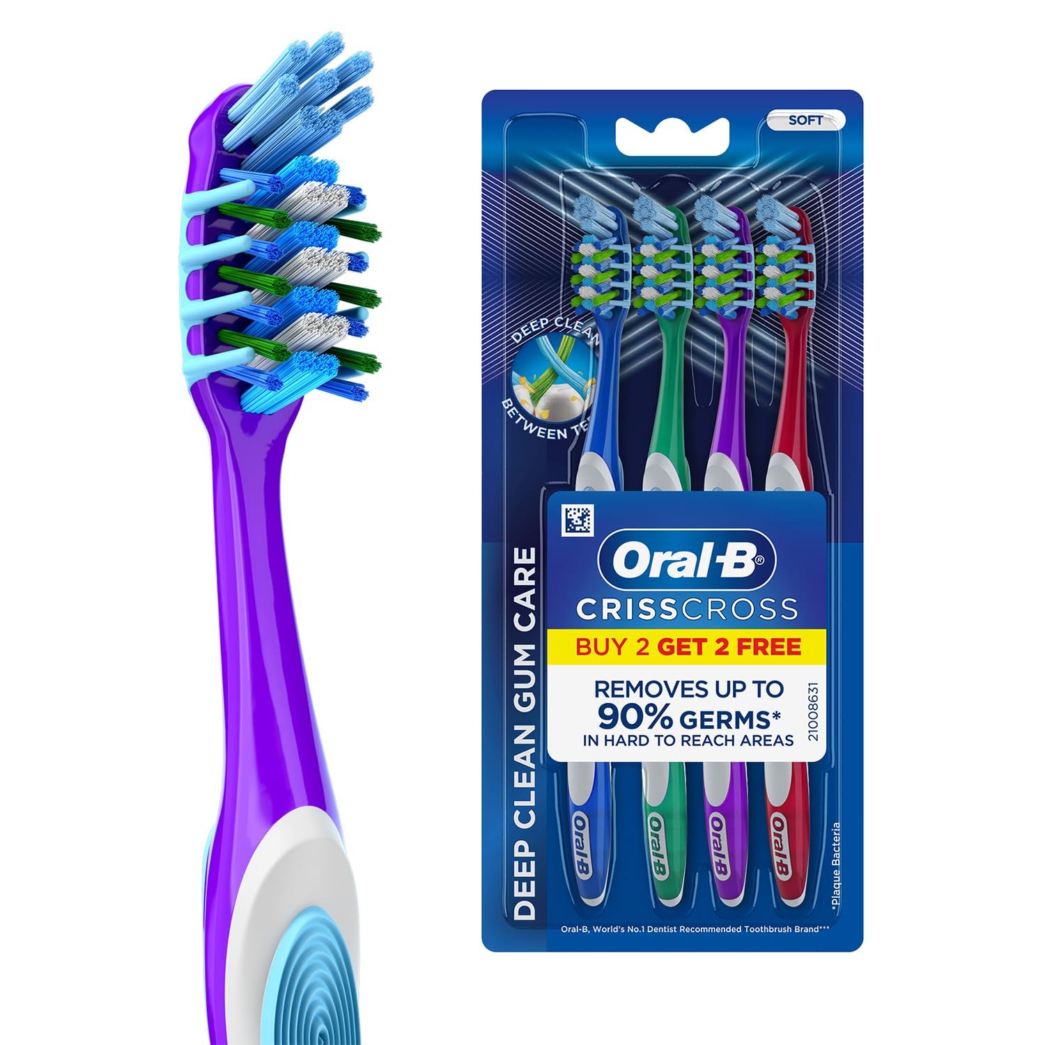 Oral-B Criss Cross Gum Care Soft Toothbrush For Adults, Soft Bristles, Healthier Gums, Multicolour Tooth Brush Set, Oral B Dentist Recommended Brand (Family Pack of 4)
