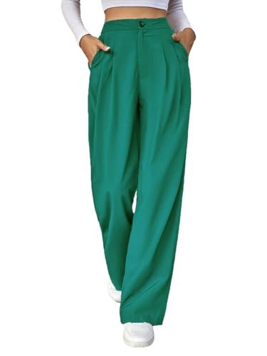 KOTTY Women's Cotton Blend Straight Fit Cross Pocket Solid Trousers Teal Green