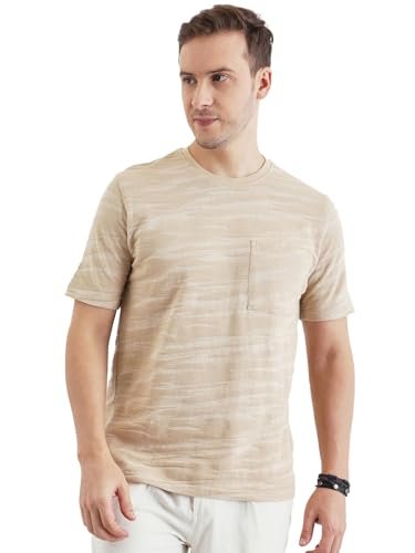 Pivl Men’s Summer Round Neck Half Sleeves self Design t Shirt_Camel_M