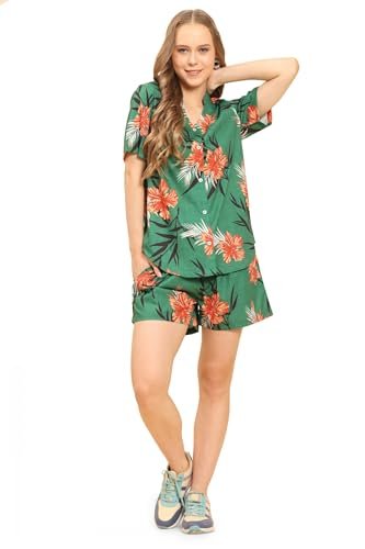 ENCIGER Womens Printed Casual Shirts and Shorts Set 2-Piece Co Ord Set for Women Vacation Outfit (WMSS1_Green Brown_L)