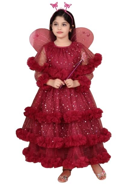 Girls Glitter Tulle Tiered Gown with Butterfly Wings, Ruffle Detail, Fairy Costume Dress (Standard, MAROON, 3-6 MONTHS)