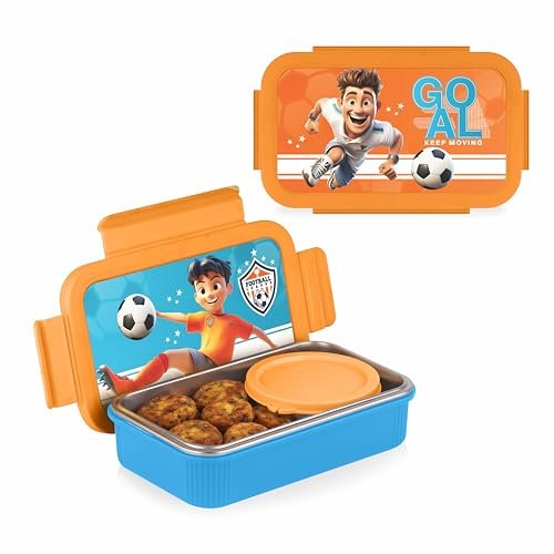 ATTRO Treat Time Stainless Steel Insulated Lunch Box with Inner Steel Body, Airtight 4-Side Lock Lid, Leakproof Silicone Seal, Small Container-560ml+150ml-Football Champ Blue
