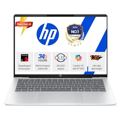 HP Smartchoice OmniBook 5 OLED (Previously Pavilion), Snapdragon X Processor (16GB LPDDR5x, 1TB SSD) 2K, 14”/35.6cm, Win11, M365(1yr)*Office24, Silver,1.35kg, he0015QU,Light-Weight,Next-Gen AI Laptop