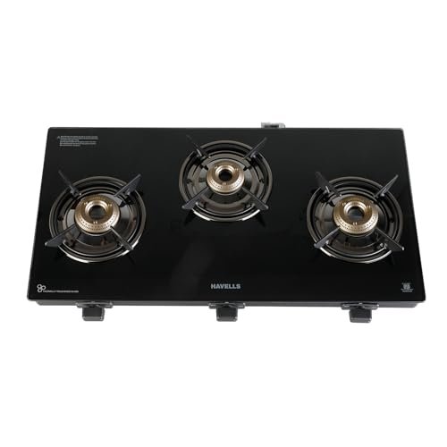 Havells GEOSLIM Gas stove |3 Heavy Duty Forged Brass Burner|6 mm Toughened Glass|Premium Valves|Removable Drip Tray|Soft Touch Knobs|5 year Warranty on Burners, Glass & Valves by Havells (Black)