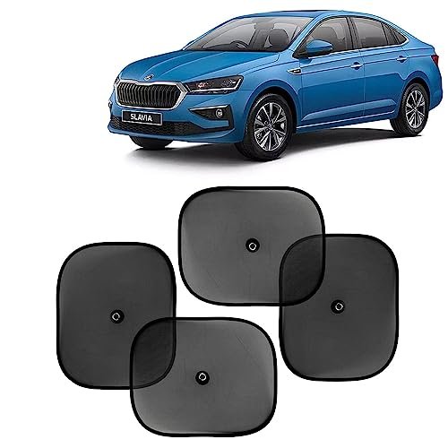 KINGSWAY Car Window Curtain Sticky Sun Shades Compatible with Skoda Slavia, (Year 2022 Onwards), Universal Fit Sunshades for Side Window, Rear Window, Black Color, 4 Pieces