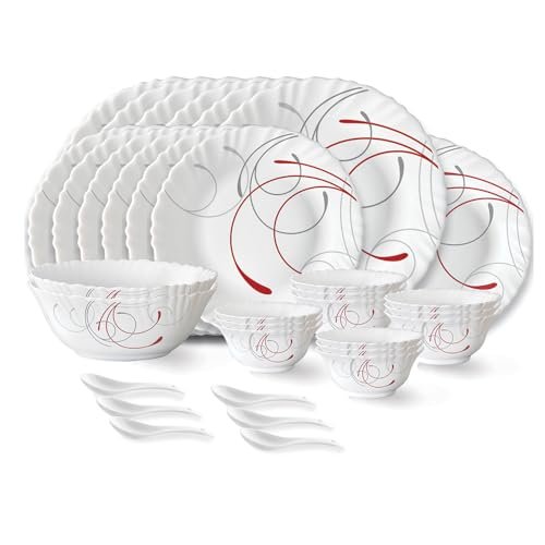 Larah by Borosil Boro Fluted Series Opalware Dinner Set | 33 Pieces for Family of 6 | Microwave & Dishwasher Safe | Bone-Ash Free | Crockery Set for Dining & Gifting | Plates & Bowls | White