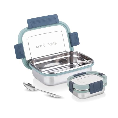 ATTRO Sparkle Medium Stainless Steel Lunch Box 2-Piece Set – 800ml + 150ml – Leak-Proof, BPA-Free, Compact & Durable – Ideal for Kids, Office, Travel – Green