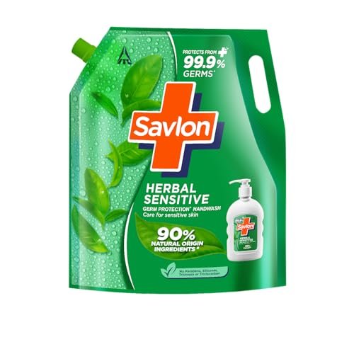ITC Savlon Herbal Sensitive Germ Protection Liquid Handwash Refill Pack 1.3L | 99.9% Germ Protection | 90% Natural Origin Ingredients | Family Size Refill Hand wash | Value Pack