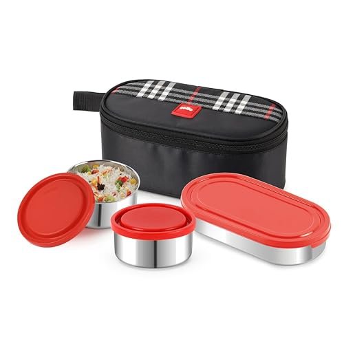 CELLO MF Trent Plus Stainless Steel Lunch Box with Jacket | Red | Leak Proof Containers | Airtight Lid | 300ml x 2 + 500ml x 1 | Ideal for Dry & Semi Liquid Food | BPA Free containers