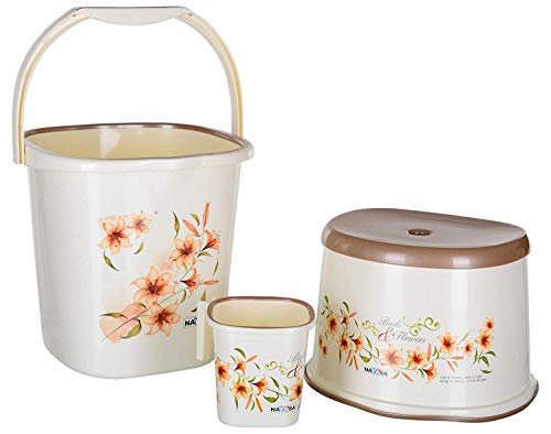 Nayasa Square Ring DLX Plastic Set of 3 (Bucket 18 L+Mug 1.5 L + Stool) Bathroom Utility Combo with Bucket, Bath Mug and Plastic Stool for Home, Bathroom and Daily Use, Cream