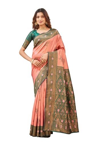 Marchie Fashion Women’s Banarasi Silk Saree with Rich Pallu, Jacquard Zari Weaving Work & Unstitched Blouse Piece, Traditional Ethnic for Wedding, Party & Festive Occasion (Green Gajri)