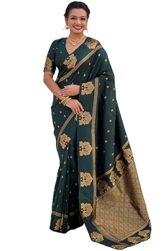 SGF11 Women's Kanjivaram Pure Soft Silk Saree With Unstitched Blouse Piece (Dark-Green)