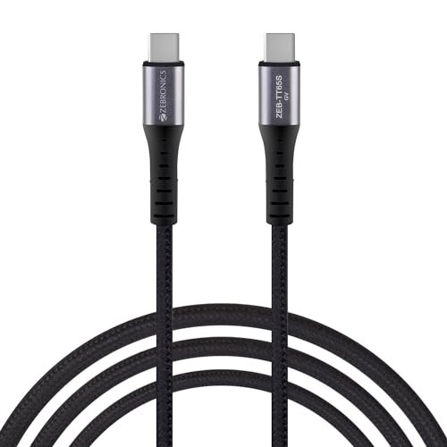 ZEBRONICS TT65S Type C – Type C Braided Cable, 65 Watts PD, Rapid Charging Cable, Charge & Sync, 1M, Compatible with iPhone 15 | Samsung | OnePlus | Xiaomi | Realme | Oppo (Black)