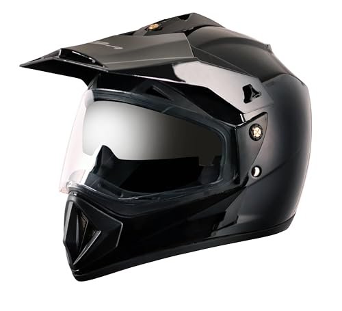 Vega Off Road ISI Certified Gloss Finish Full Face Dual Visor with Peak Helmet for Men and Women Outer Clear Visor and Inner Smoke Sun Visor(Black, Size:M)