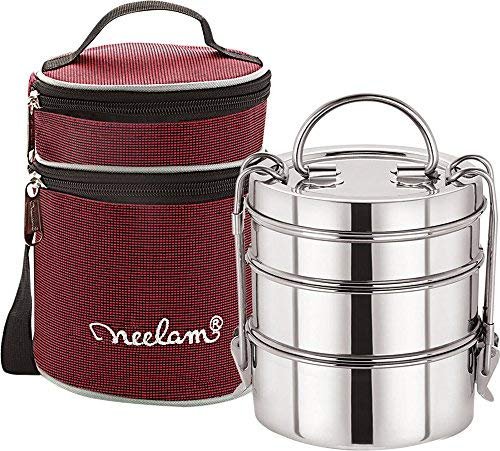 neelam Stainless Steel Lunch Box/Tiffin with Bag, 3-Tier Container, 1100 ml, Hot & Cold Leak-Proof, Compact & Durable, Perfect for Office, School, Picnic and Travel, Silver