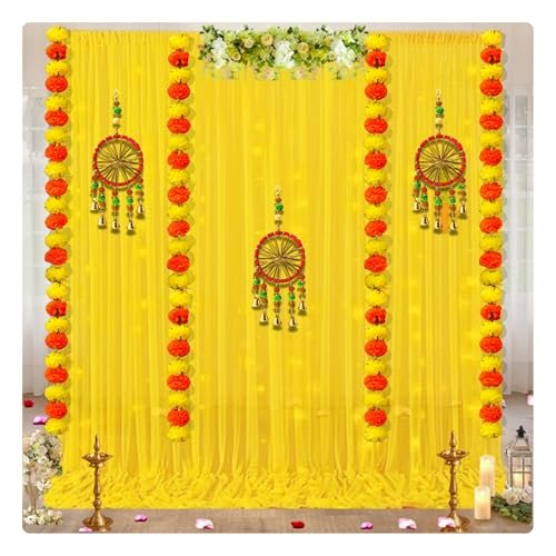 Shimmers Festive Decoration Kit Set of 12 | Marigold Garlands, Dream Catcher Wall Hangings, Yellow Curtains & Hooks | Traditional Backdrop Decor for Diwali, Pooja, Housewarming & Home Celebration