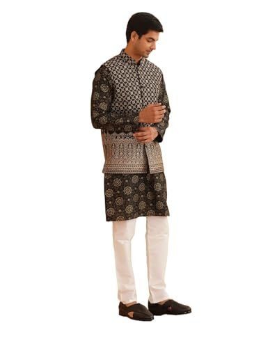 SOJANYA (Since 1958 Men’s Silk Blend Black Kurta & Off White Pyjama with Black Nehru Jacket