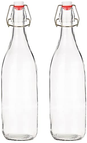 Amazon Brand – Solimo Swing Top Water Bottle with Stopper – Set of 2 (1 Liter) – Glass, Transparent