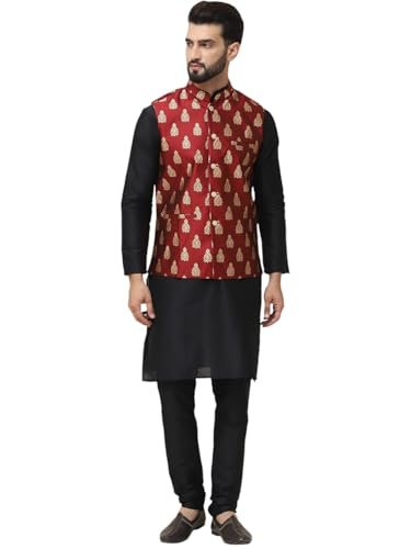 SOJANYA (Since 1958 Men’s Silk Blend Black Kurta Pyjama With Maroon Nehrujacket Set