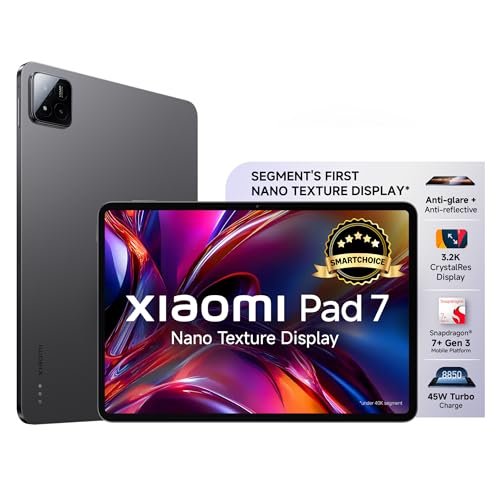 XIAOMI Pad 7 Nano Texture Display [Smartchoice] | Snapdragon 7+ Gen 3| 3.2K Display (28.44 cm /11.2″) Tablet| 12GB, 256GB| Anti-Reflective| Anti-Glare| HyperOS 2| Dolby Vision Atmos | Graphite Grey