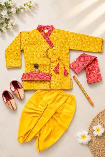 Boys Krishna Costume Kurta Dhoti Set, Yellow Bandhani Print (YELLOW, 1-2Y)