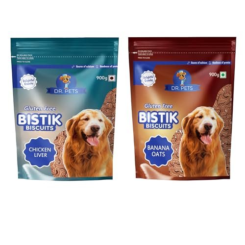 Dr.Pets Bistik Dog Food Adult – Dog Biscuits for Adult Dog & Puppy, Gluten Free Healthy Treats with Fresh & Natural Ingredients, Banana Oats & Chicken Liver Flavor 900g Each (Combo Pack)