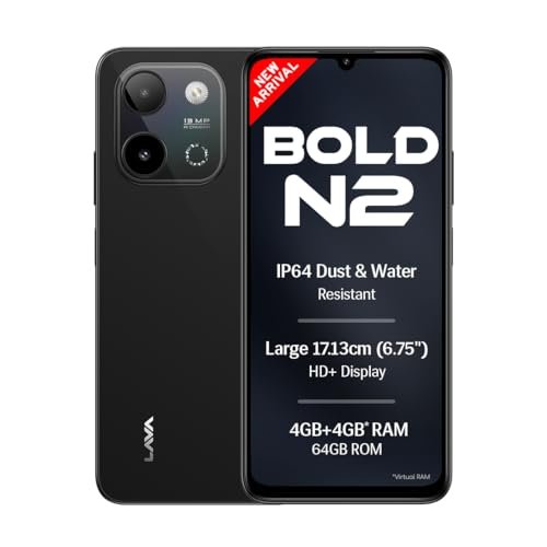 Lava Bold N2 (Indus Black, 4 GB RAM, 64 GB Storage) | 13MP AI Dual Rear Camera | Largest 6.75″ HD+ Display | 5000 mAh Battery & 10W Charging | IP64 Water & Dust Proof | Charger & Phone-Case in Box