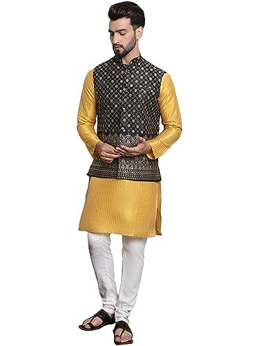 SOJANYA (Since 1958 Men’s Silk Blend Mustard Kurta and Off-White Pyjama With Black Nehru Jacket