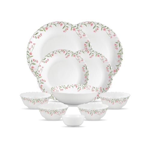 La Opala Opal Glass Crockery | for Family of 2 | Dinner Set 10 pcs Spring Meadows | Plates & Bowls for Dining | Microwave Safe | 100% Vegetarian | Extra Strong | Extra Light & White