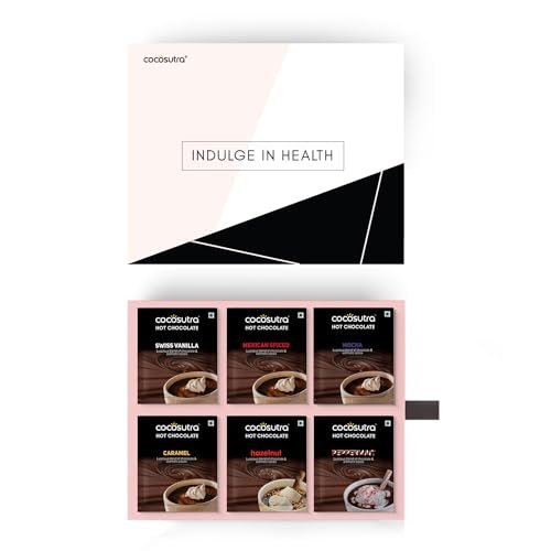 COCOSUTRA Drinking Chocolate Mix | 12 Single-Serve Sachets (20g Each) | 2 Sachets Each Flavour | Swiss Vanilla, Mocha, Caramel, Hazelnut, Mexican Spiced & Peppermint | Gluten Free & Vegan | Enjoy Hot or Cold | 240g