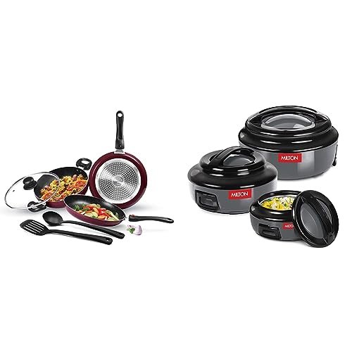 Milton Pro Cook Kitchen Jewel 5-Piece Non-Stick Cookware Set Peach & Ernesto Inner Stainless Steel Jr. Casserole Set of 3 Grey, Stackable & Easy Carry