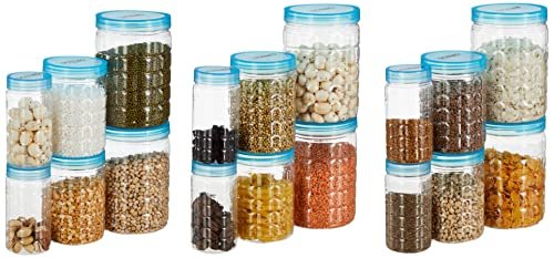 Amazon Brand – Solimo Checkered Jar Container Set, 18 Pieces (6 x 250 ml, 6 x 500 ml, 6 x 1000 ml), Blue | Kitchen Organiser | BPA Free | Stackable Storage Containers.